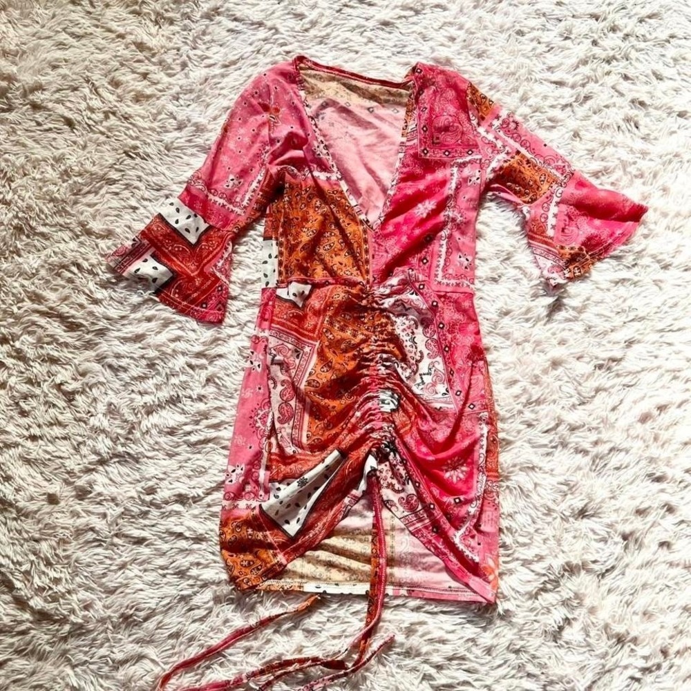 Sheer Bandana Paisley Patchwork Bell Sleeve Ruched Swim Coverup Dress Womens‎ XL